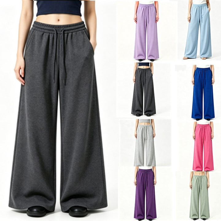 Ladies wide high-waist lounge pants with elastic waistband, drawstring, and flowing jersey Mune Fashion