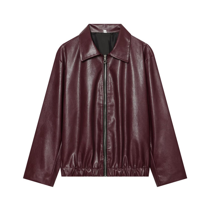Women's Faux Leather Blouson with Full Zip, Shirt Collar and Gathered Hem