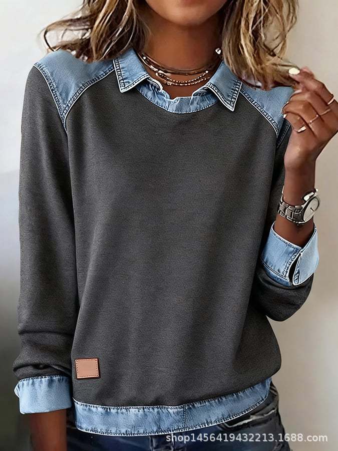 Women's knit sweater with denim collar and button placket Mune Fashion