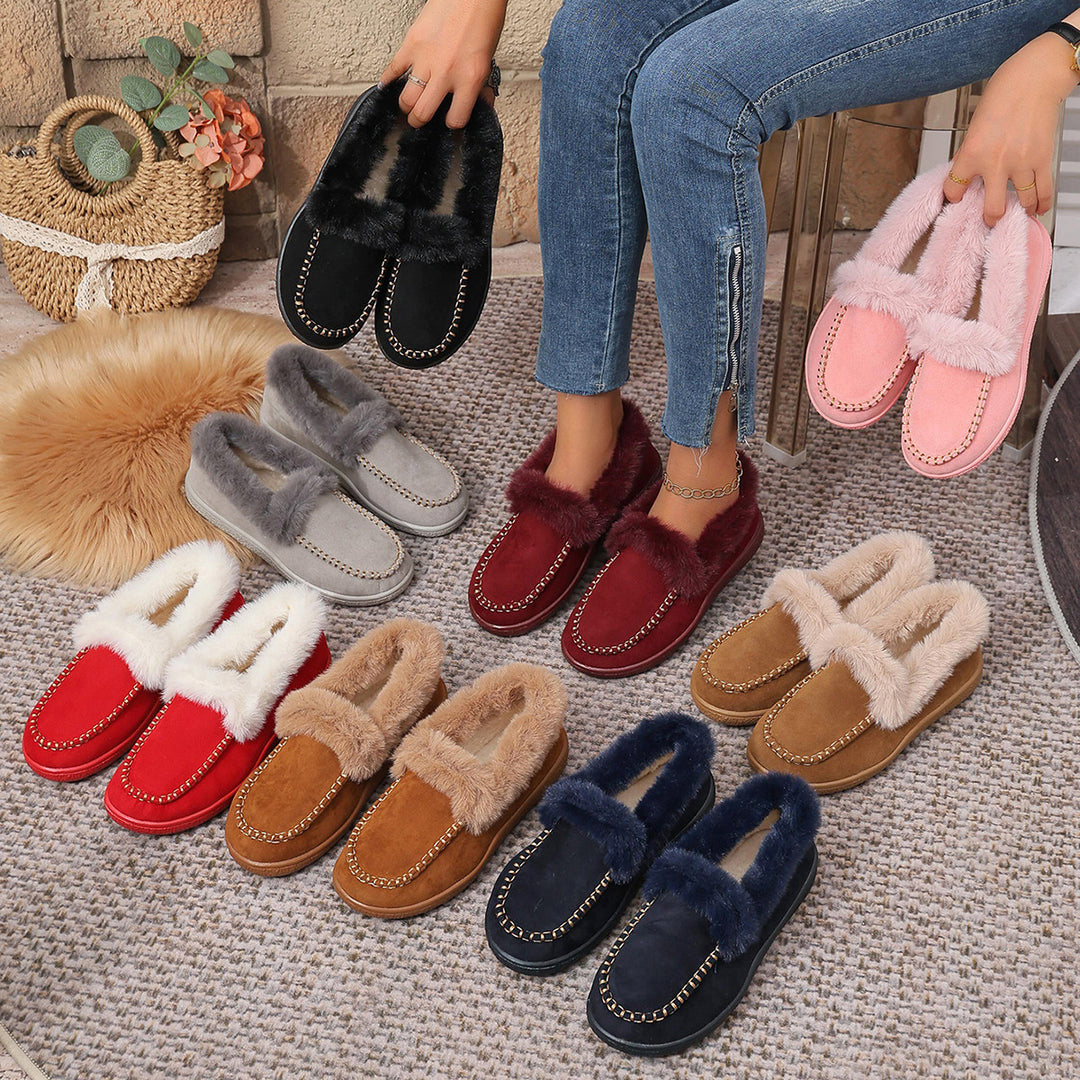 Women Padded Moccasin Slippers with Faux Fur Trim and Decorative Stitching Mune Fashion
