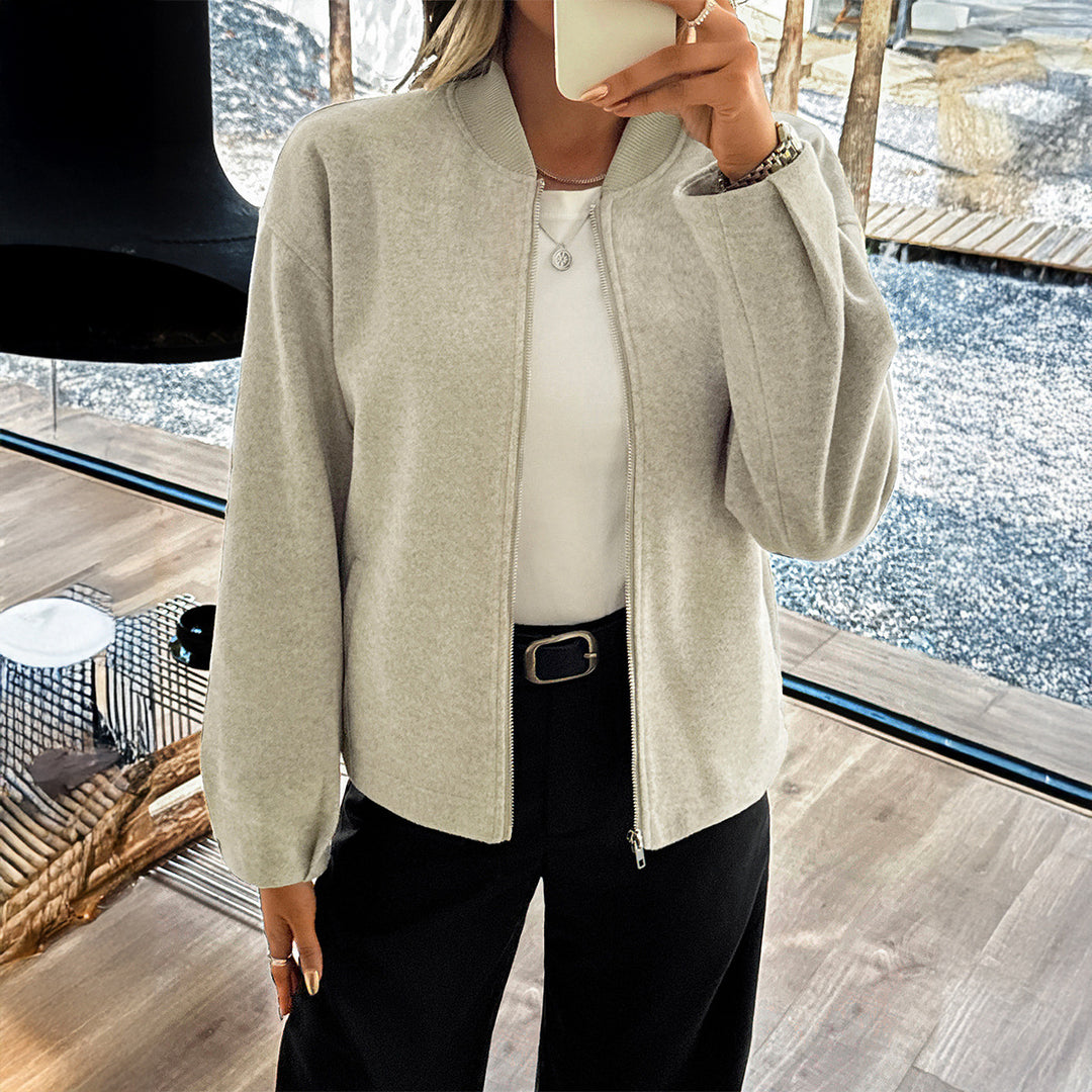 Women's lightweight fleece bomber jacket with stand-up collar, two-way zipper, and casual oversized fit Mune Fashion