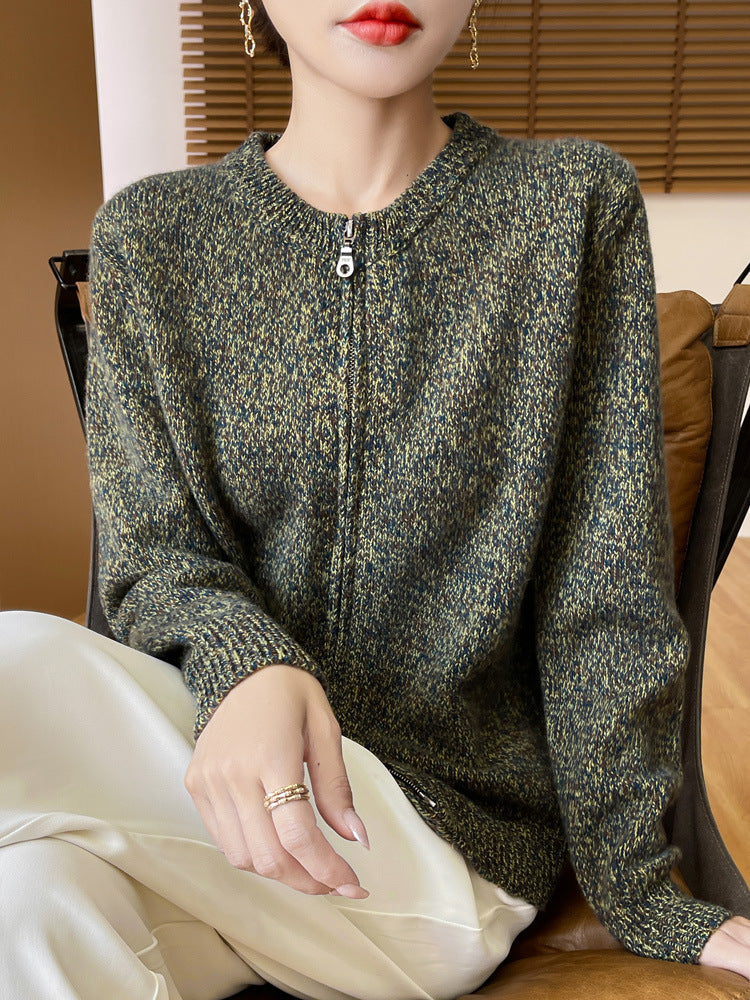 Women's Melange Zipper Cardigan with Two-Way Zipper and Ribbed Cuffs Mune Fashion