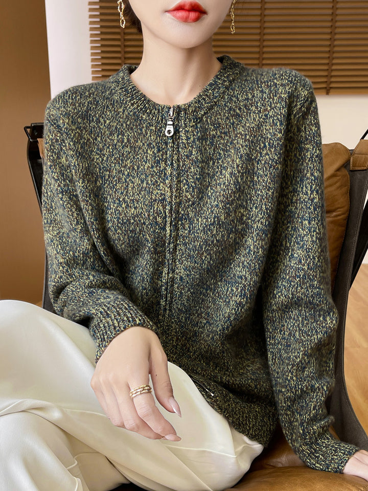 Women's Melange Zipper Cardigan with Two-Way Zipper and Ribbed Cuffs Mune Fashion