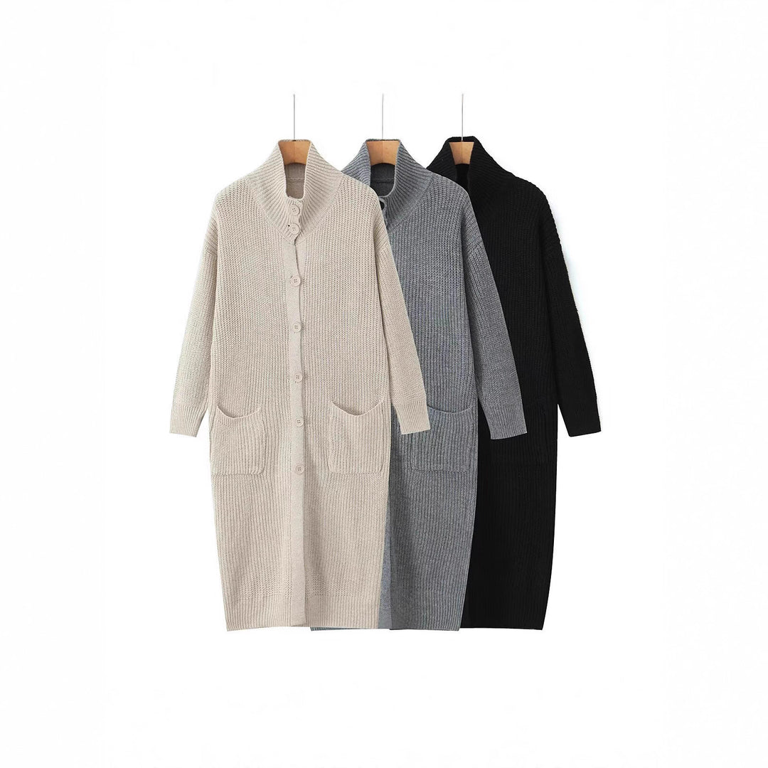 Women Long Chunky Knit Cardigan with Shawl Collar, Button Placket and Patch Pockets Mune Fashion
