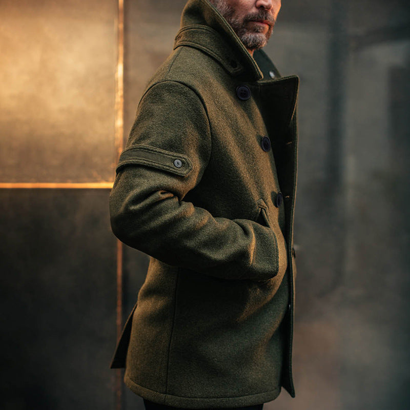 Men's Double-Breasted Wool Coat in Peacoat Style with High Collar Mune Fashion