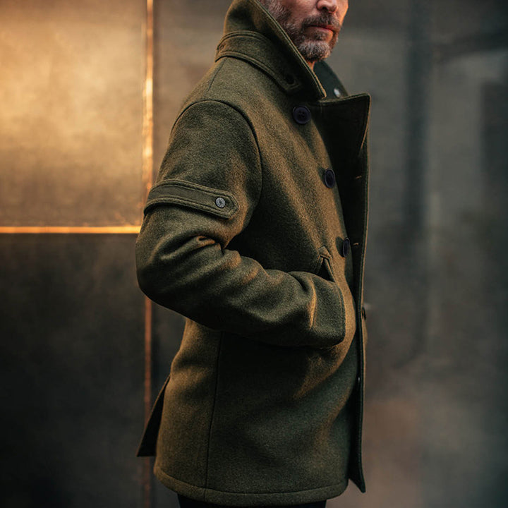 Men's Double-Breasted Wool Coat in Peacoat Style with High Collar Mune Fashion