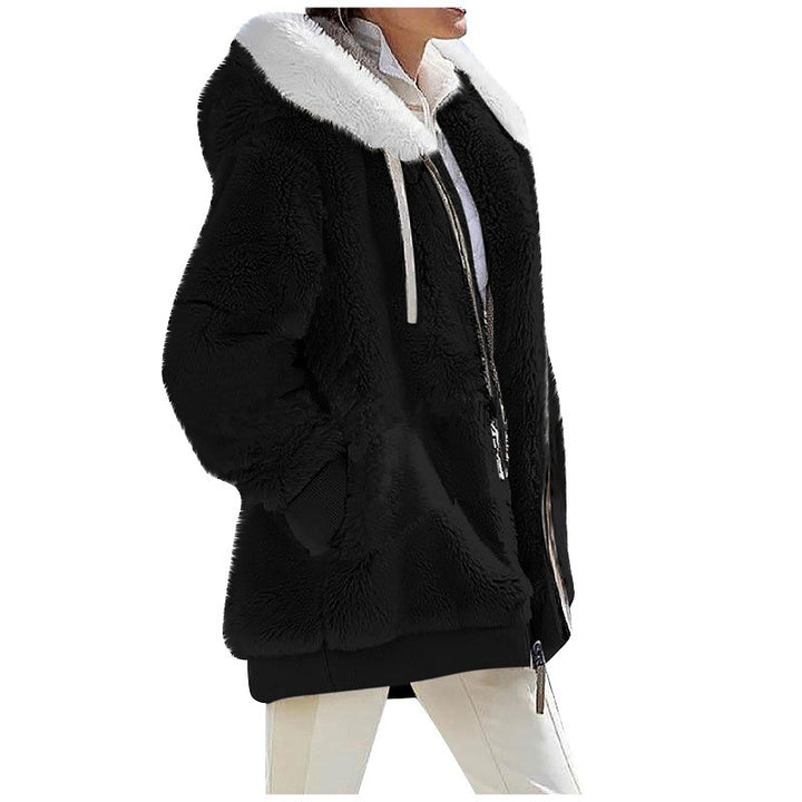 Ladies Cozy Teddy Hoodie Jacket with Contrast Trim, Zipper and Insert Pockets Mune Fashion