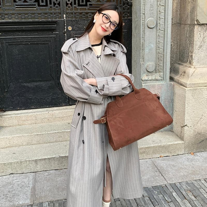 Women’s Long Pinstripe Trench Coat with Tie Belt Shoulder Straps and Flared Hem Mune Fashion