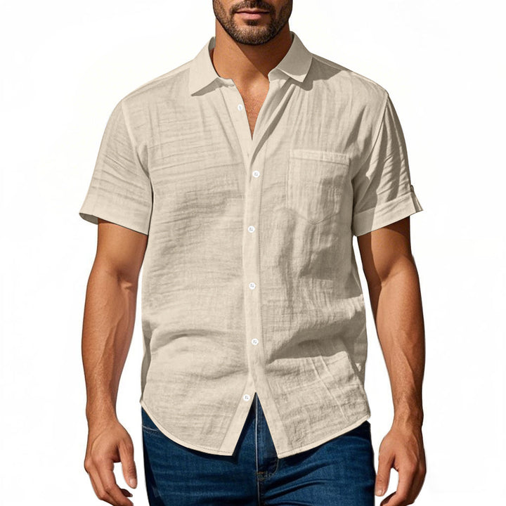 Men's short-sleeved casual shirt made of linen blend with chest pocket and rounded hem Mune Fashion