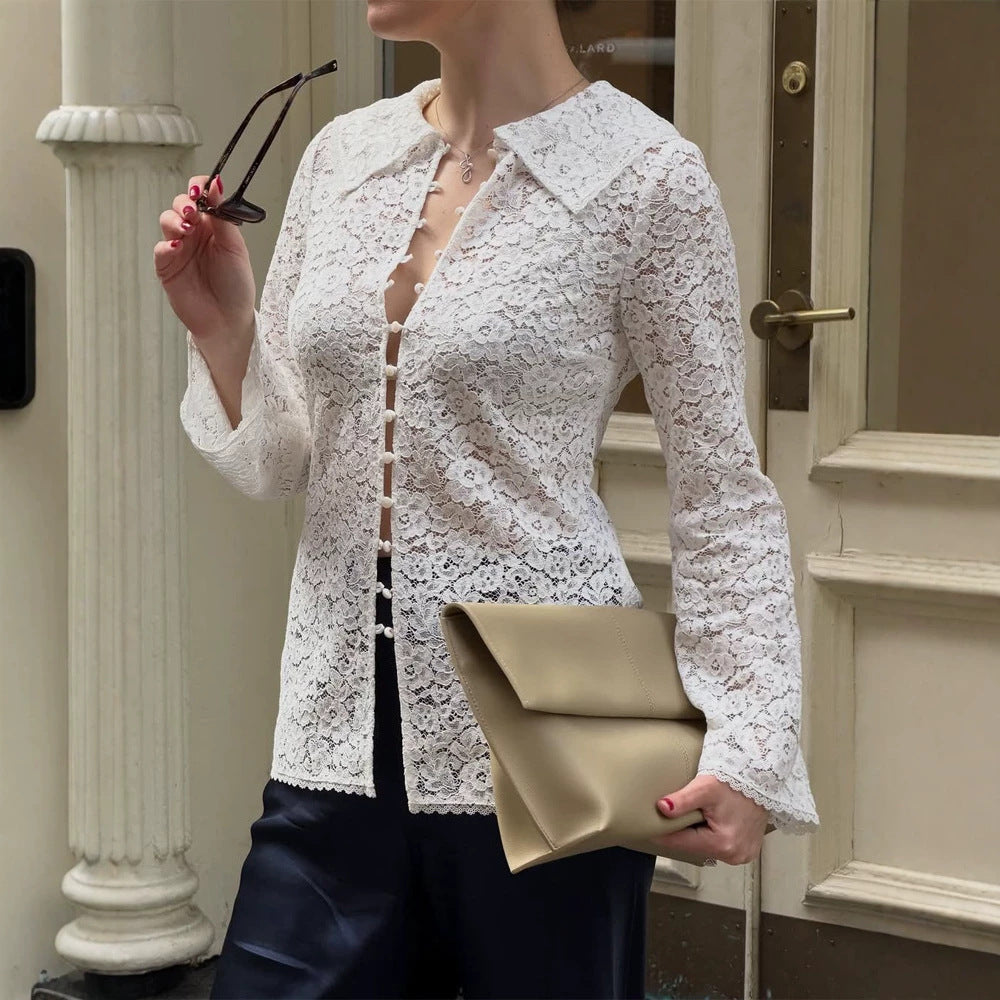 Women's lace blouse with floral lace, shirt collar and fabric ball button placket Mune Fashion
