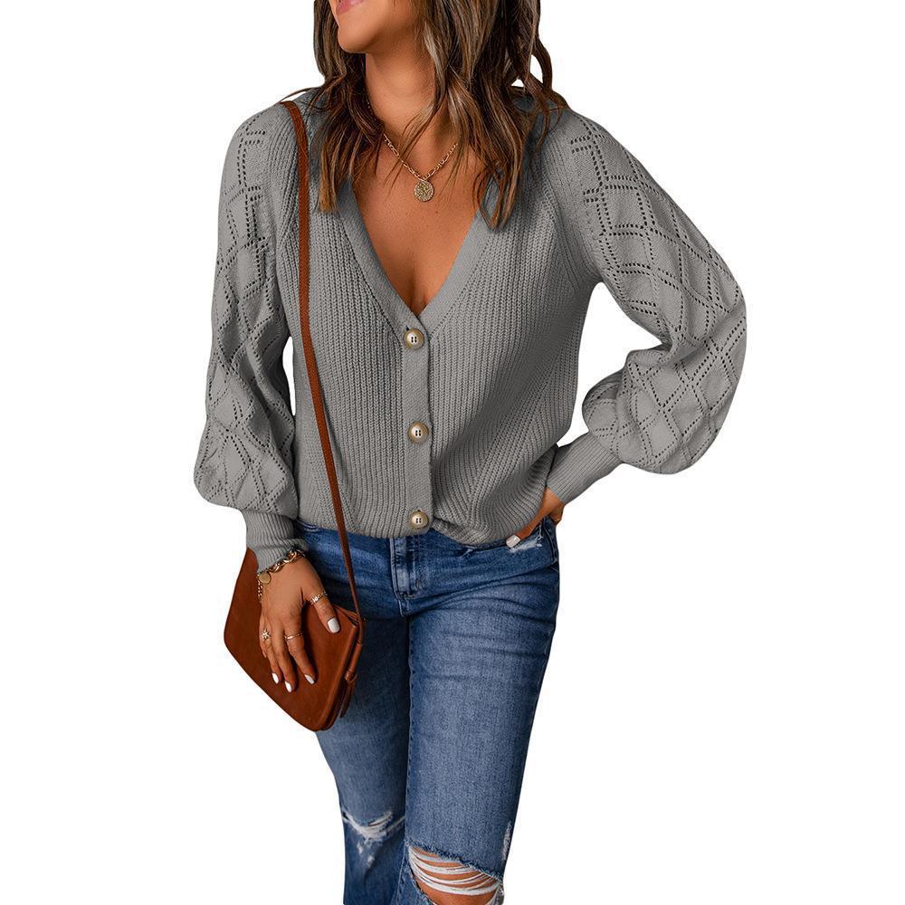 Women's knitted cardigan with V-neck, decorative button placket and balloon sleeves Mune Fashion