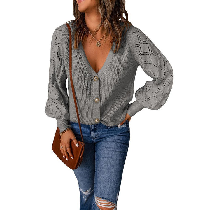 Women's knitted cardigan with V-neck, decorative button placket and balloon sleeves Mune Fashion