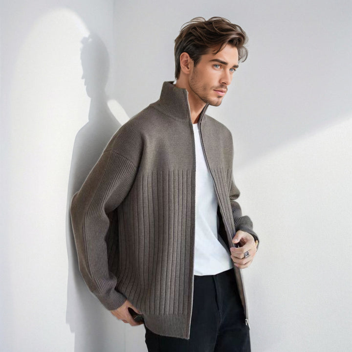Men's Half-Zip Knit Sweater with High Stand Collar and Wide Rib Pattern Mune Fashion