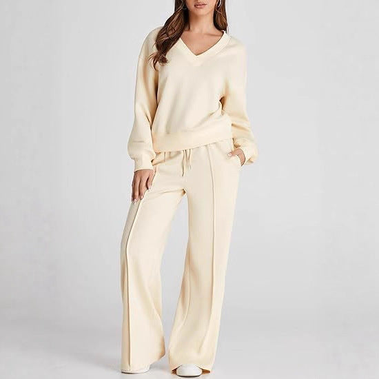 Women's Casual V-Neck Leisure Set with Wide Jogging Pants Mune Fashion