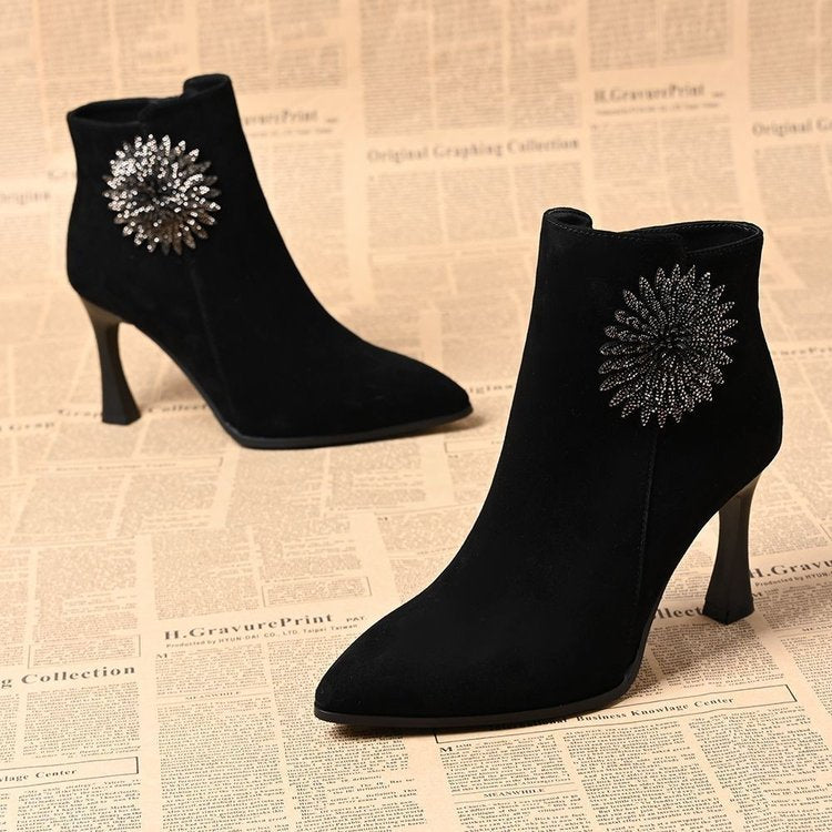 Women Elegant Suede Ankle Boots with Glitter Pin Mune Fashion