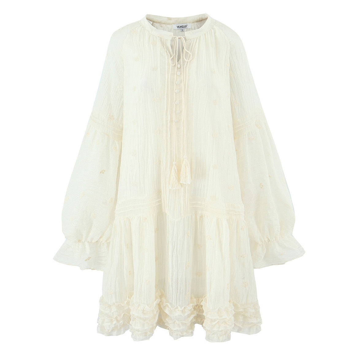 Women Loose Boho Mini Dress with Ruffles, Voluminous Balloon Sleeves and Tassel Lacing Mune Fashion