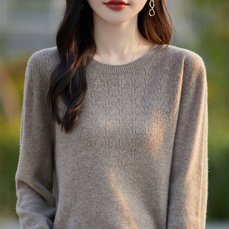 Women's Soft Round Neck Sweater in Cashmere Look with Fine Openwork Pattern and Snug Fit Mune Fashion