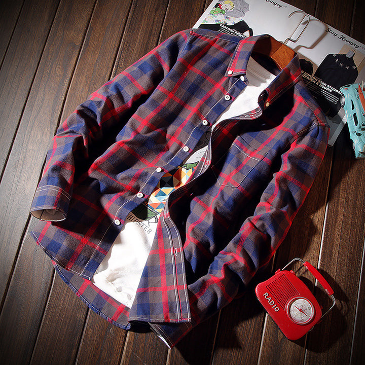 Men's casual checked cotton flannel shirt with button-down collar, chest pocket, and rounded hem Mune Fashion