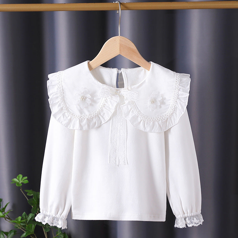 Girl blouse with ruffled collar and fine flower appliqués Mune Fashion