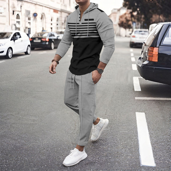 Men's urban hooded Henley leisure set with striped yoke and cropped jogger pants Mune Fashion
