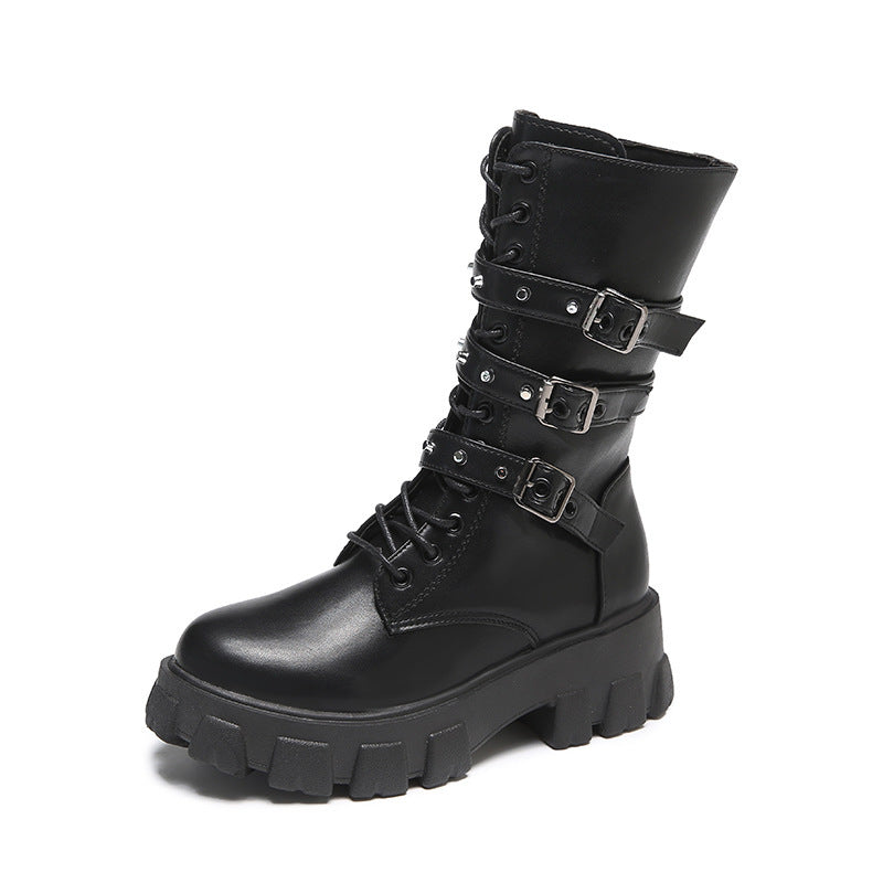Women's platform biker boots with triple decorative buckle and chunky tread sole Mune Fashion