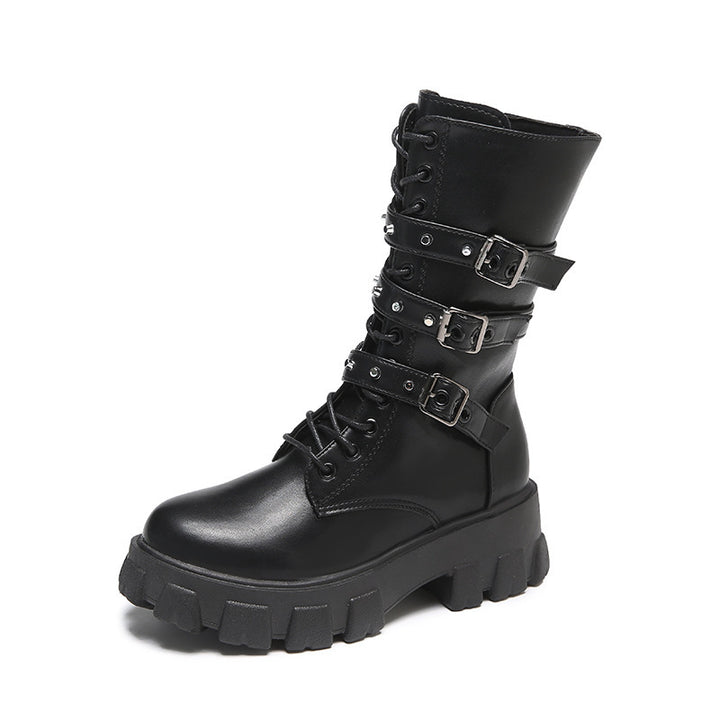Women's platform biker boots with triple decorative buckle and chunky tread sole Mune Fashion