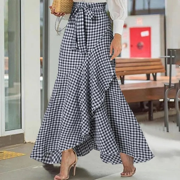 Women nan wrap maxi skirt with Vichy check, high waist tie and asymmetrical flounce hem Mune Fashion