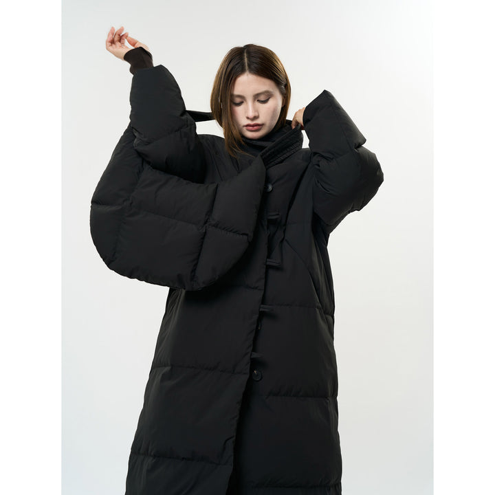Women's Longer Quilted Down Look Coat with High Stand-Up Collar and Button Toggle Closure Mune Fashion