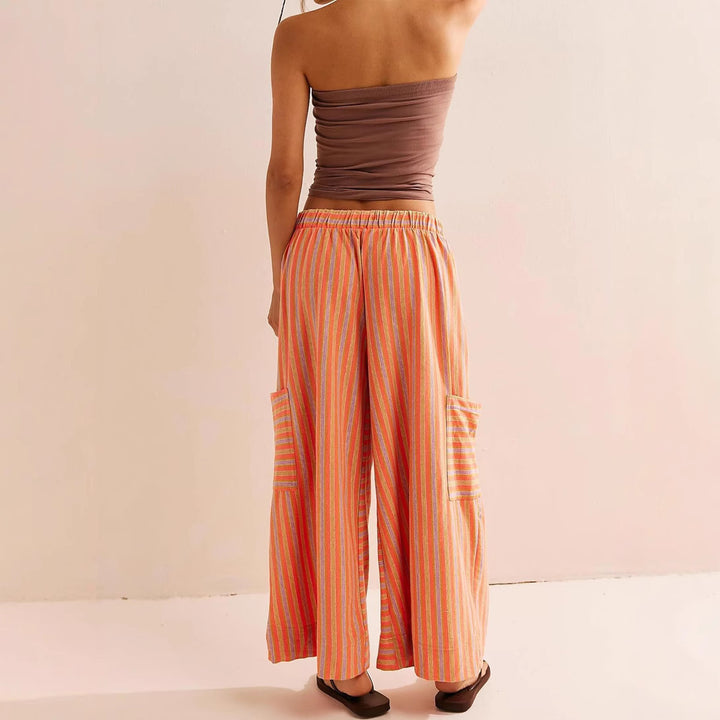 Women's Striped Wide-Leg Drawstring Waist Cropped Lounge Pants with Side Patch Pockets Mune Fashion