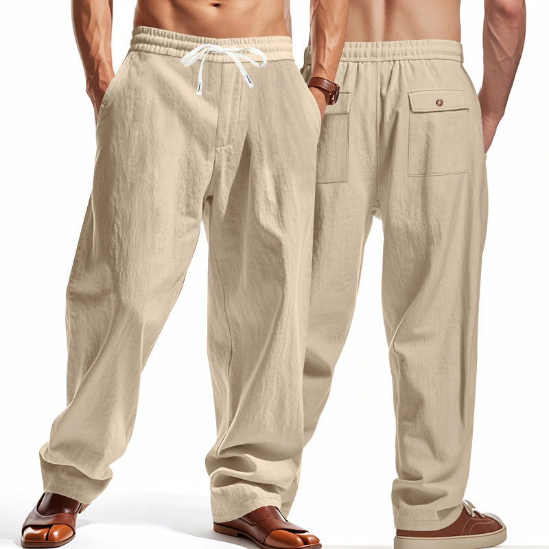 Men's casual linen leisure pants with elastic waistband drawstring and patch back pockets Mune Fashion