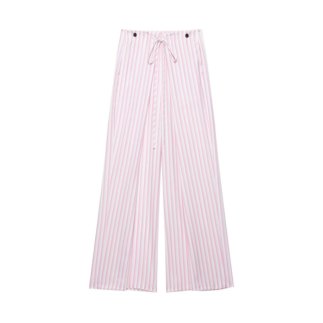 Ladies Light Highwaist Palazzo Pants with Wide Leg, Drawstring and Vertical Stripe Pattern Drune