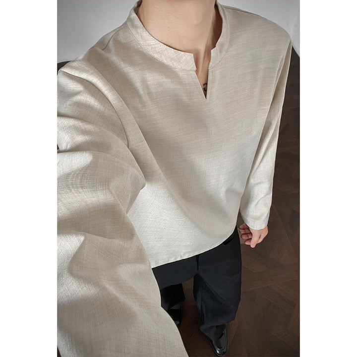 Men's Elegant Long Sleeve Top with Stand Collar Mune Fashion