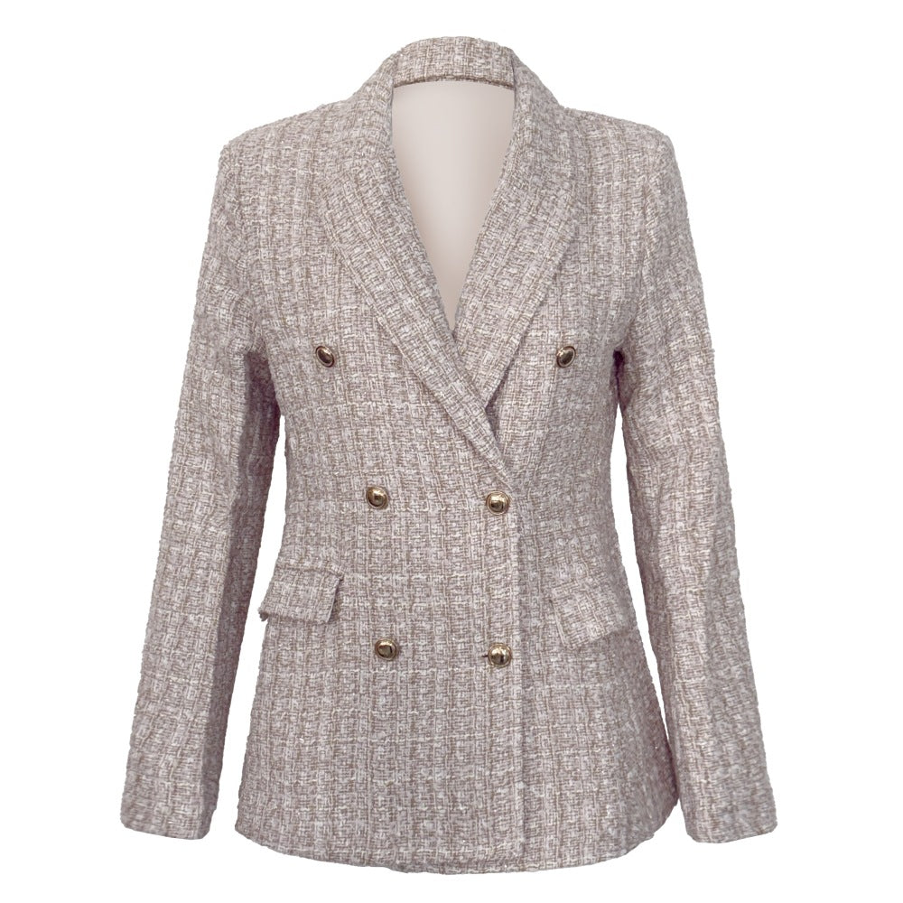 Women Double-Breasted Bouclé Blazer with Shawl Collar, Tailored Silhouette and Decorative Buttons Mune Fashion