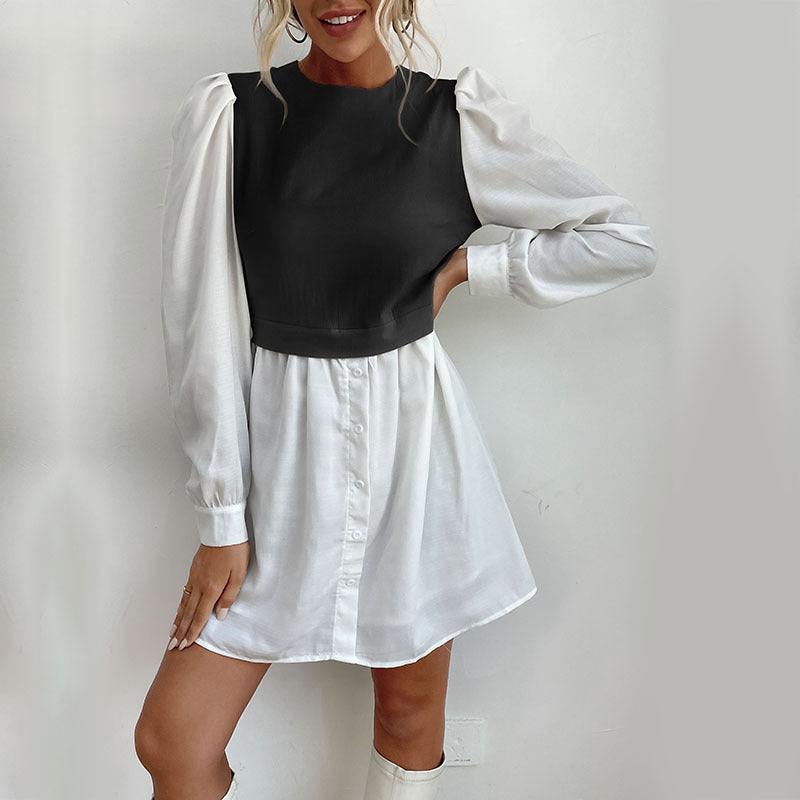 Ladies' shirt dress with inset cropped vest, puff sleeves, and tailored silhouette Mune Fashion