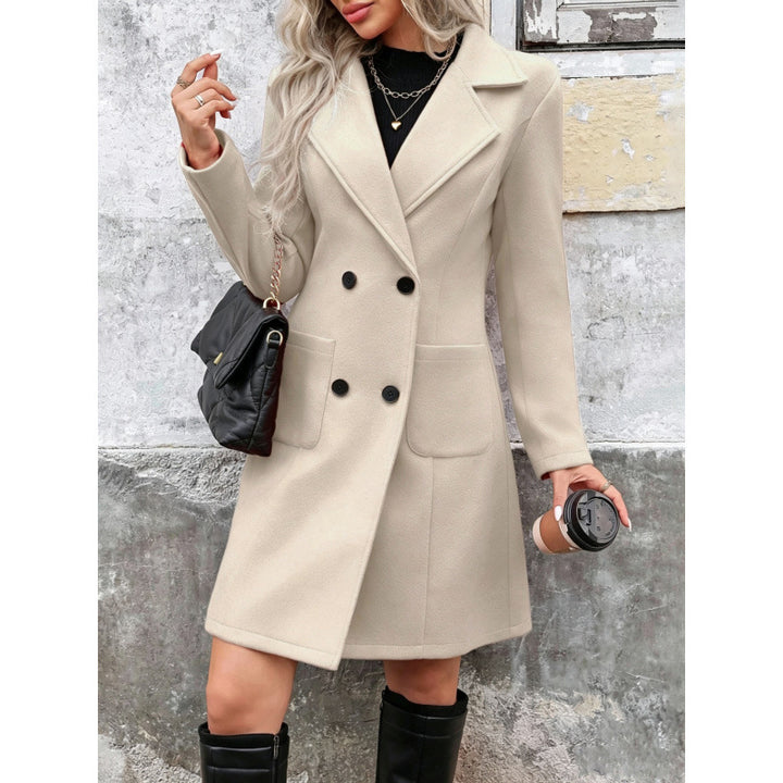 Women Double-breasted Wool Blend Coat with Notched Collar and Patch Pockets Drune