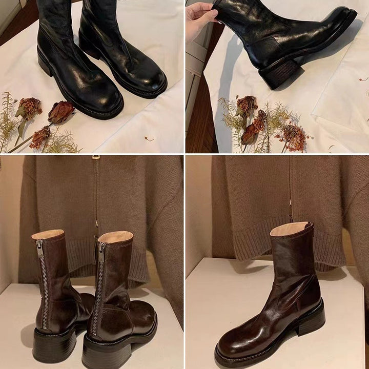 Women Mid-Calf Stretch Leather Boots with Round Toe and Profiled Platform Sole Mune Fashion