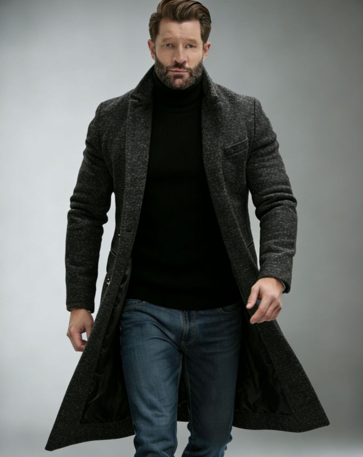 Men's Elegant Single-Breasted Long Coat Made of Wool Blend with Slim Silhouette and Lapel Collar Mune Fashion