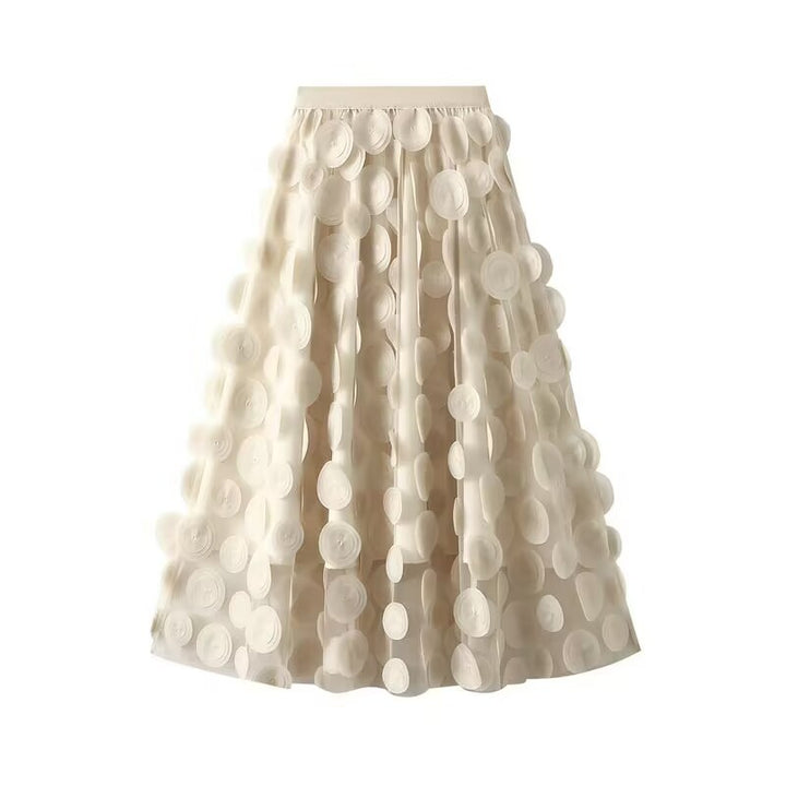 Women's flared midi skirt with transparent 3D appliqués and elastic waistband Mune Fashion