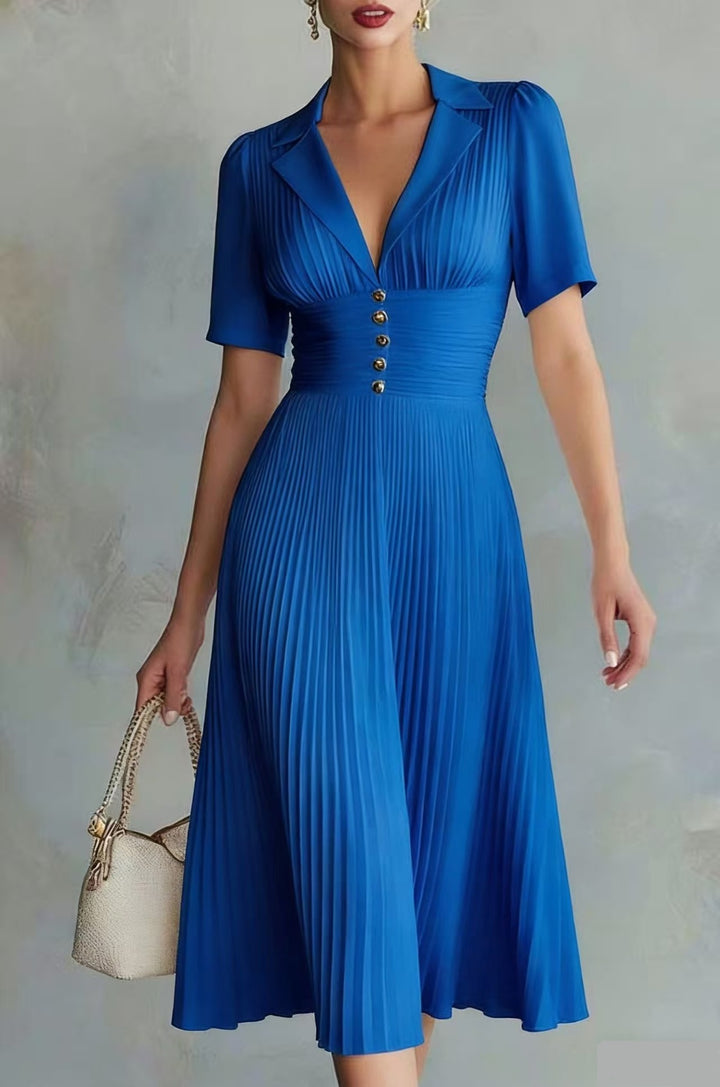 Women Pleated Midi Dress with Lapel Collar, tailored gathered waistband and decorative buttons Mune Fashion