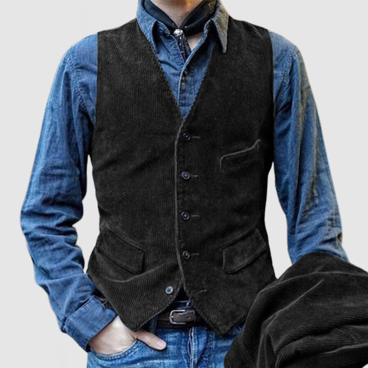 Men's cord waistcoat with V-neck, button placket, and piped patch pockets Mune Fashion