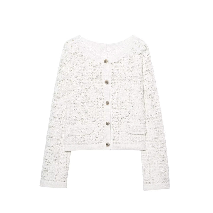 Women's Crocheted Short Jacket in Boucle Look with Decorative Buttons and Patch Pockets Mune Fashion