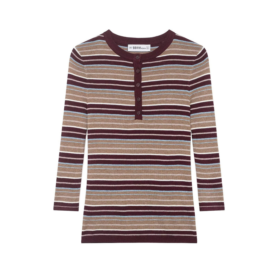 Women's Striped Fine-Knit Henley Shirt with Button Placket and Slim Fit Mune Fashion