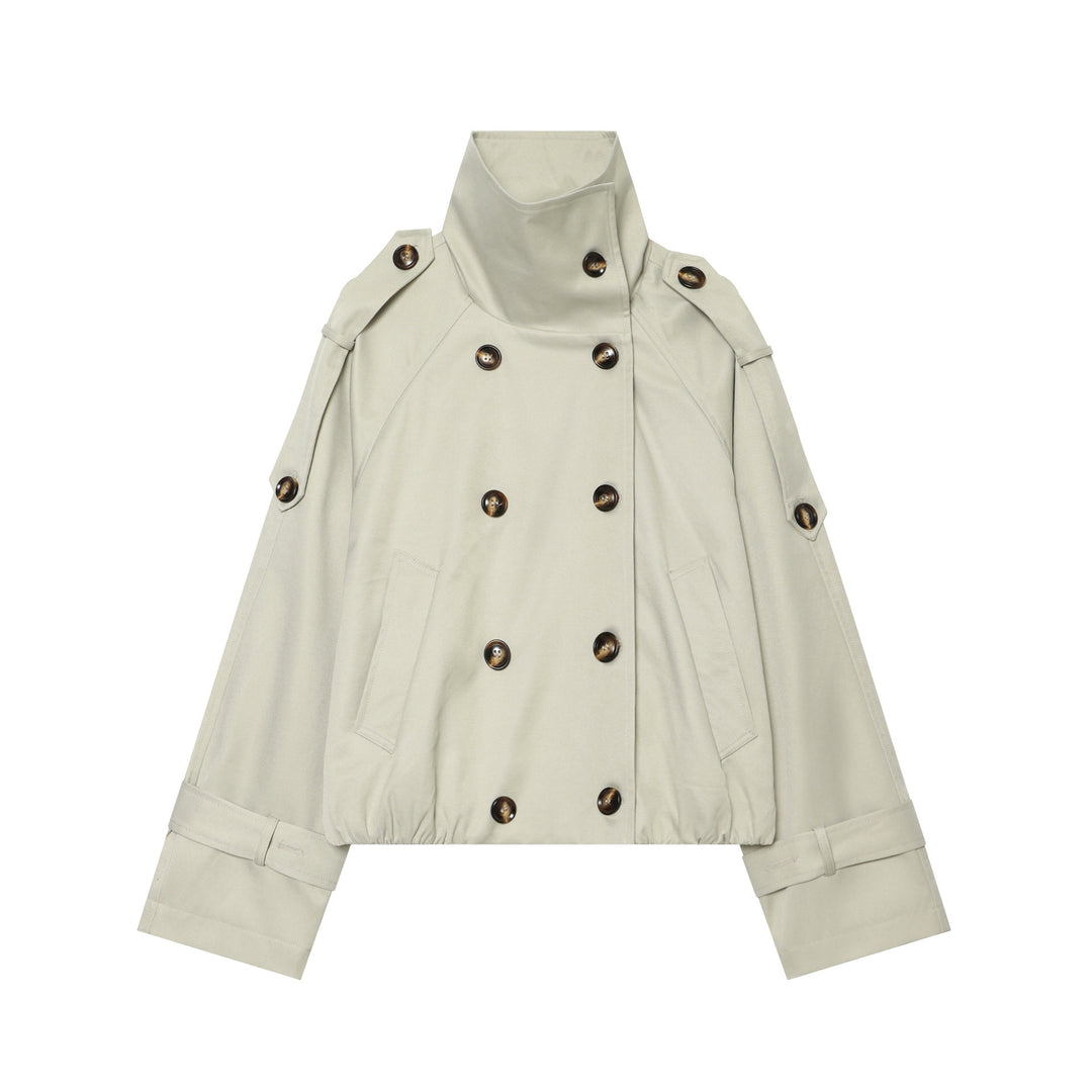 Women nan short fitted trench coat with double-breasted button placket, high stand-up collar, and removable shoulder flaps Mune Fashion