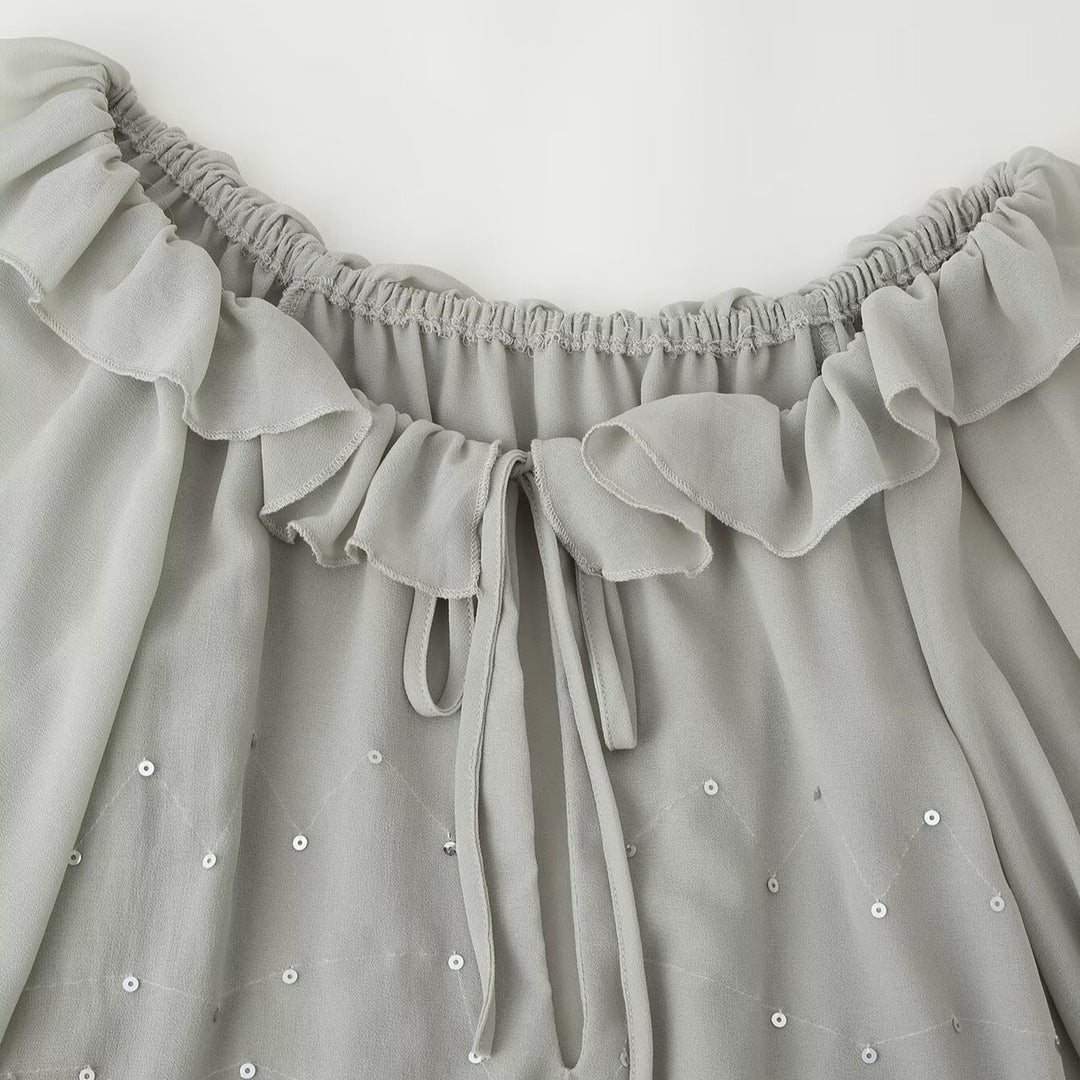 Women Chiffon Mini Dress with Ruffled Collar, Balloon Sleeves and Sequin Decoration Mune Fashion