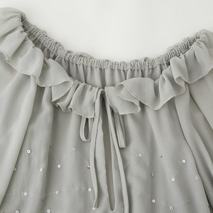 Women Chiffon Mini Dress with Ruffled Collar, Balloon Sleeves and Sequin Decoration Mune Fashion