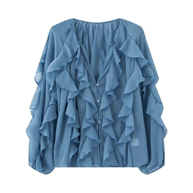 Women's Ruffle Chiffon Blouse with Button Placket, Gathered Neckline and Balloon Sleeves Mune Fashion