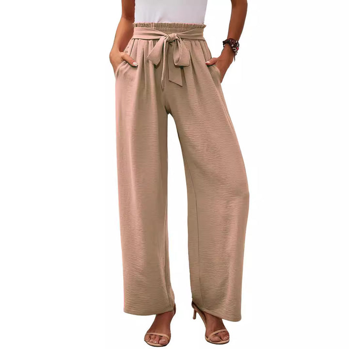Women's paperbag pants with wide leg, elastic waist and tie belt Mune Fashion