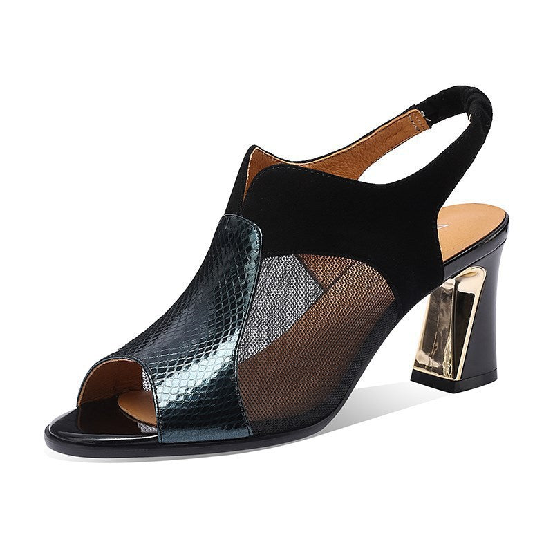 Women's elegant sandal with open toe area, mesh inserts, and molded block heel Mune Fashion