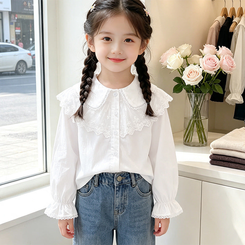 Girl's blouse with elegant lace trim and ruffle details Mune Fashion