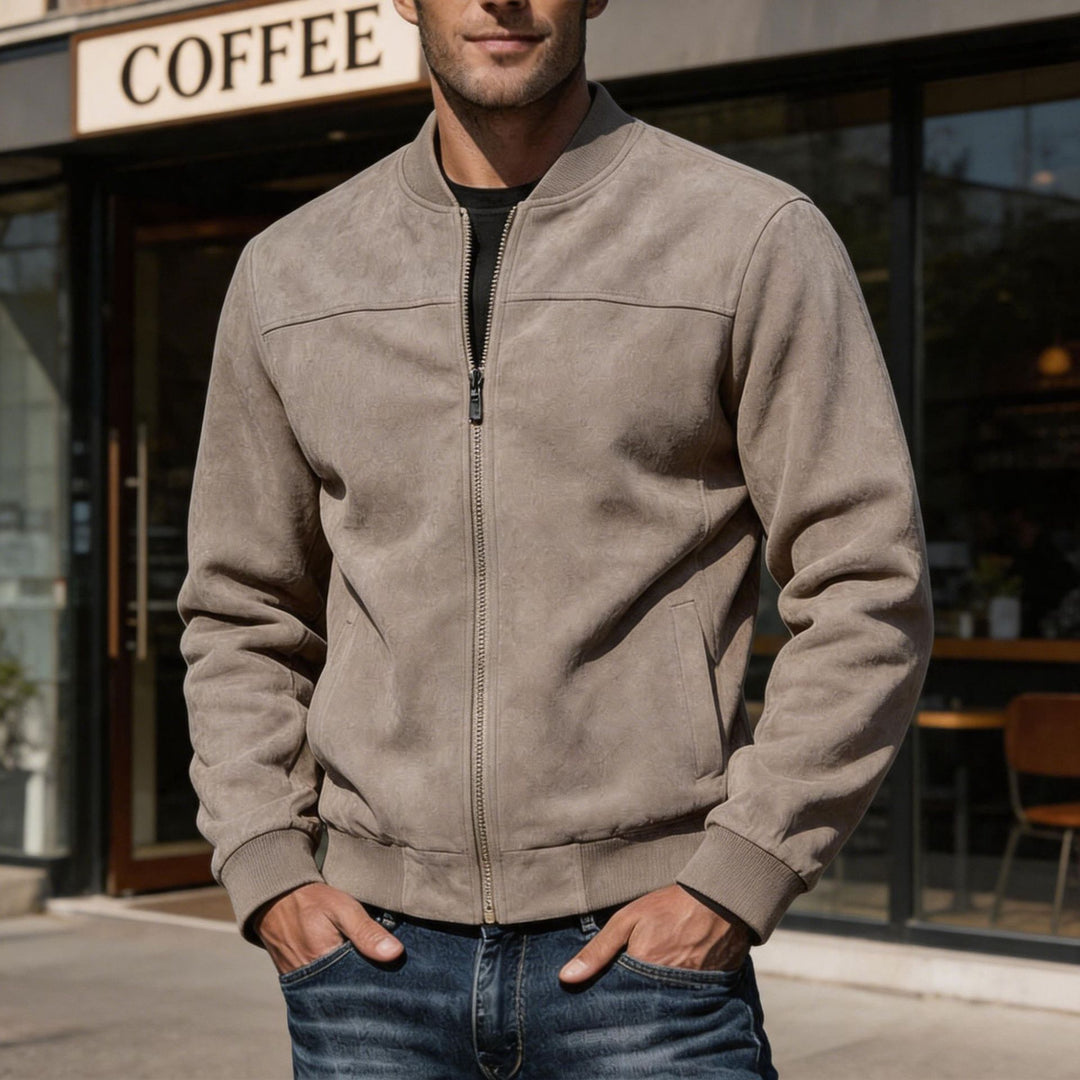 Men's Suede-Look Bomber Jacket with Zipper and Ribbed Cuffs Mune Fashion